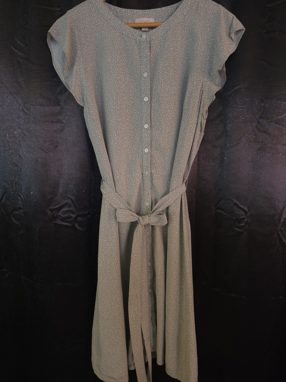 Loft Sage Green W/Polka Dots Tie Waist Dress 10 Button Front Packable Resortwear